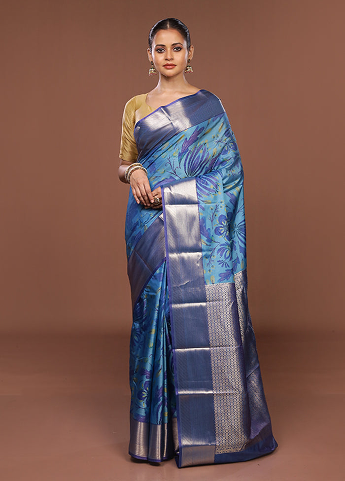 Blue Kanjivaram Silk Saree With Blouse Piece