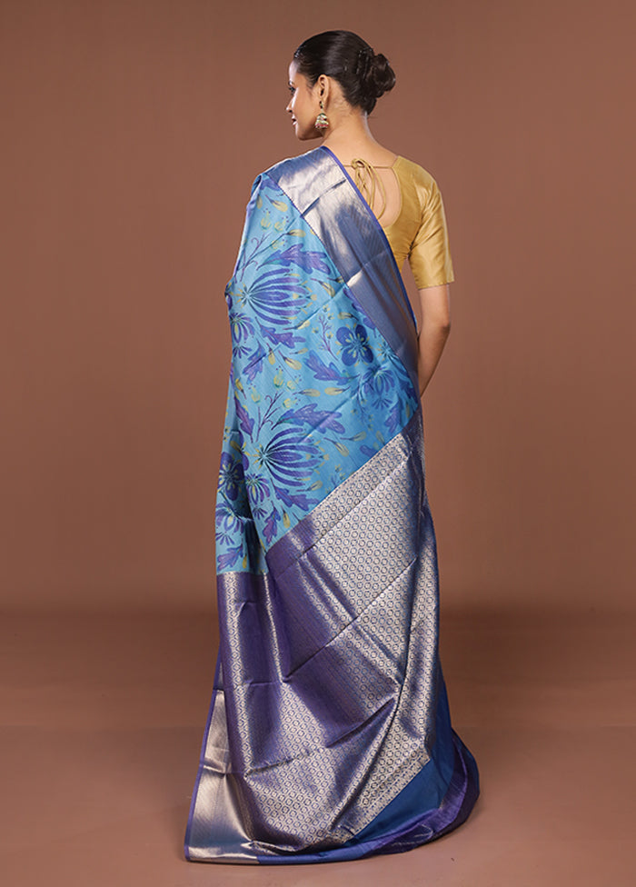 Blue Kanjivaram Silk Saree With Blouse Piece