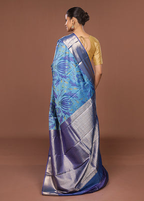 Blue Kanjivaram Silk Saree With Blouse Piece