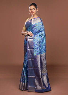 Blue Kanjivaram Silk Saree With Blouse Piece