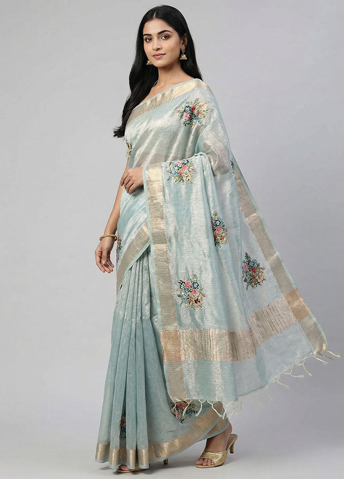 Blue Tissue Silk Saree With Blouse Piece