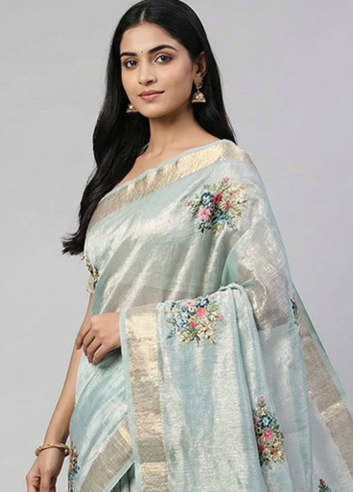 Blue Tissue Silk Saree With Blouse Piece