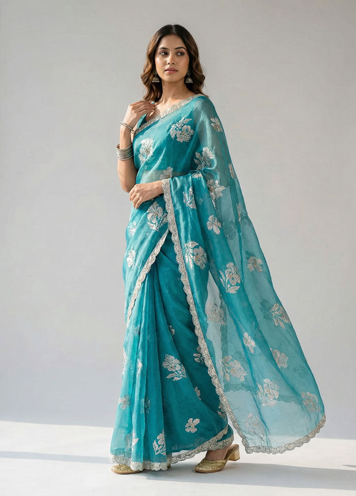 Blue Tissue Silk Saree With Blouse Piece