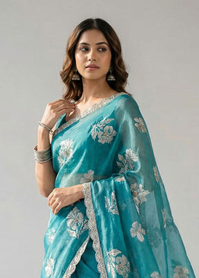 Blue Tissue Silk Saree With Blouse Piece