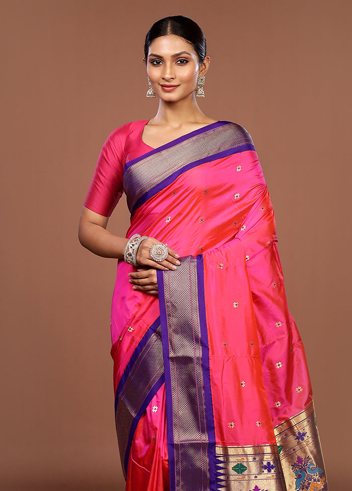 Pink Handloom Kanchipuram Pure Silk Saree With Blouse Piece