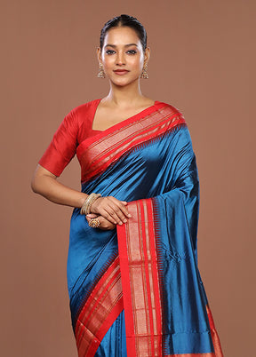 Blue Handloom Kanjivaram Pure Silk Saree With Blouse Piece