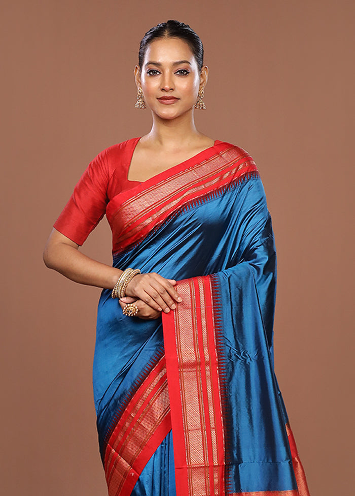 Blue Handloom Kanjivaram Pure Silk Saree With Blouse Piece