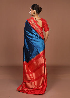 Blue Handloom Kanjivaram Pure Silk Saree With Blouse Piece