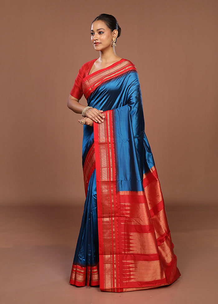 Blue Handloom Kanjivaram Pure Silk Saree With Blouse Piece