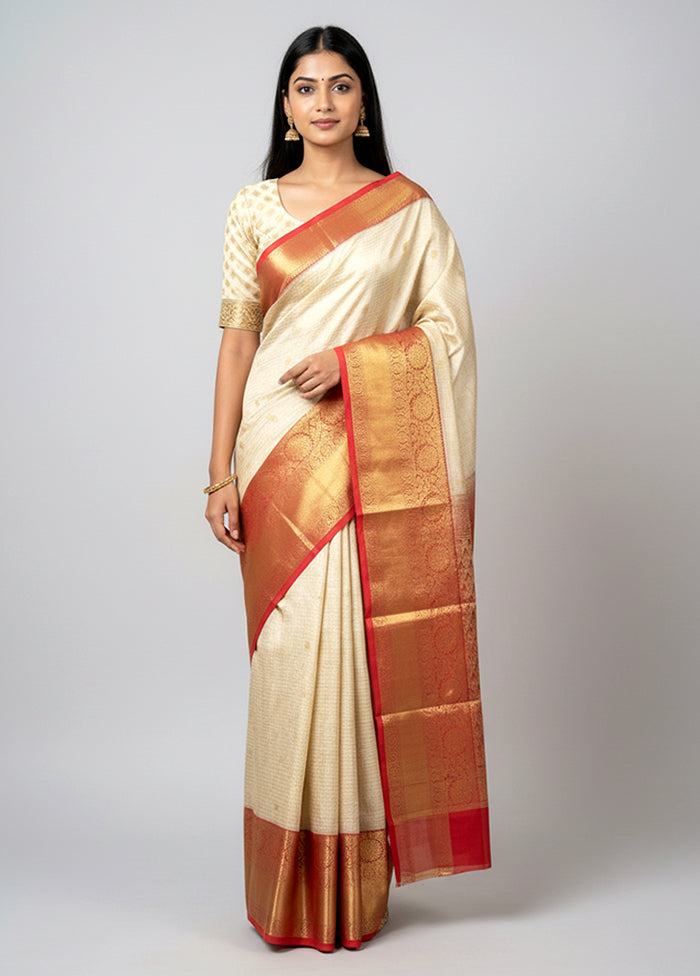 White Kanjivaram Silk Saree With Blouse Piece