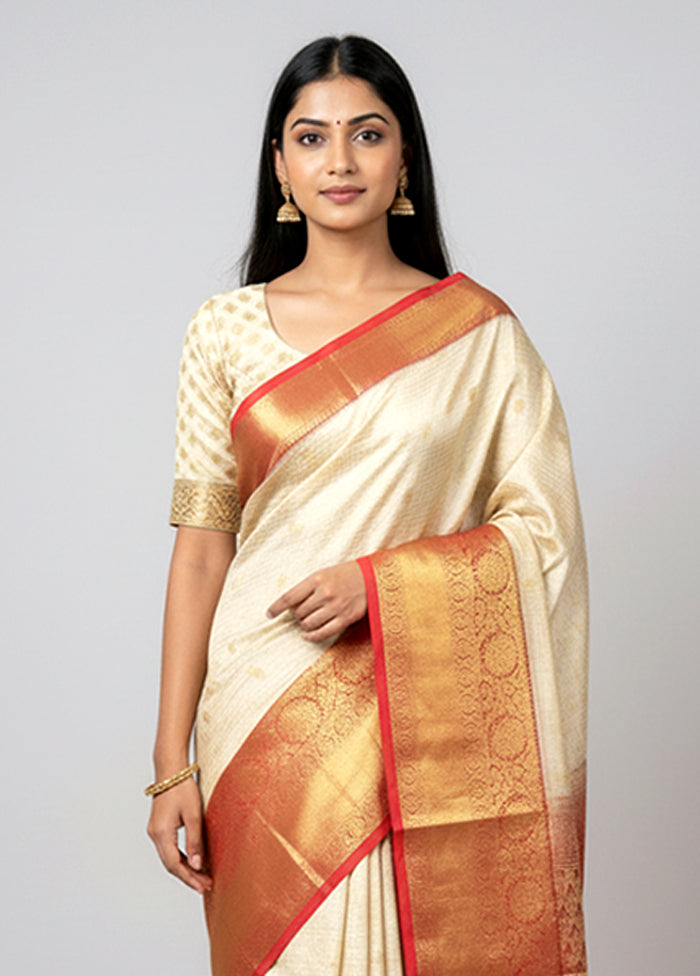 White Kanjivaram Silk Saree With Blouse Piece