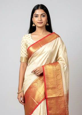 White Kanjivaram Silk Saree With Blouse Piece
