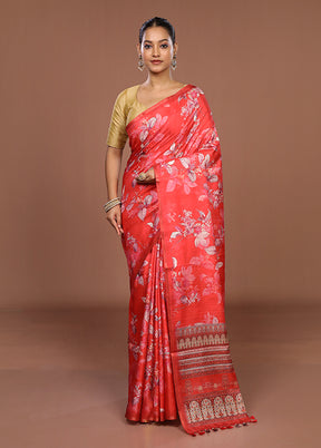 Red Tussar Silk Saree With Blouse Piece