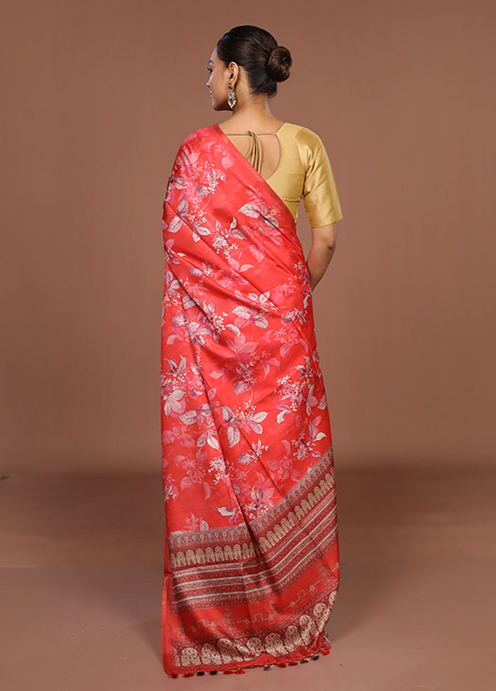 Red Tussar Silk Saree With Blouse Piece