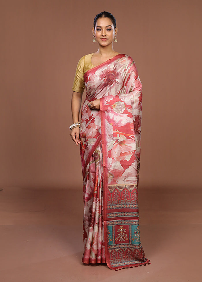 Red Tussar Silk Saree With Blouse Piece