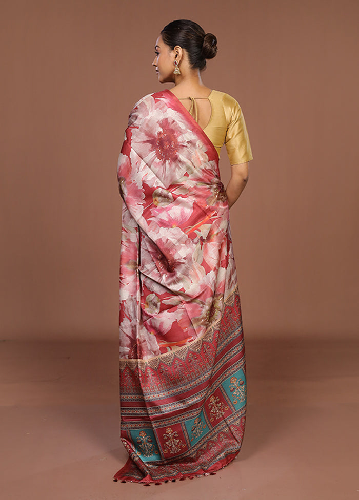 Red Tussar Silk Saree With Blouse Piece