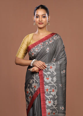 Grey Tussar Silk Saree With Blouse Piece