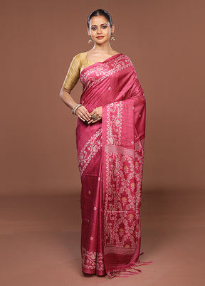Pink Tussar Silk Saree With Blouse Piece