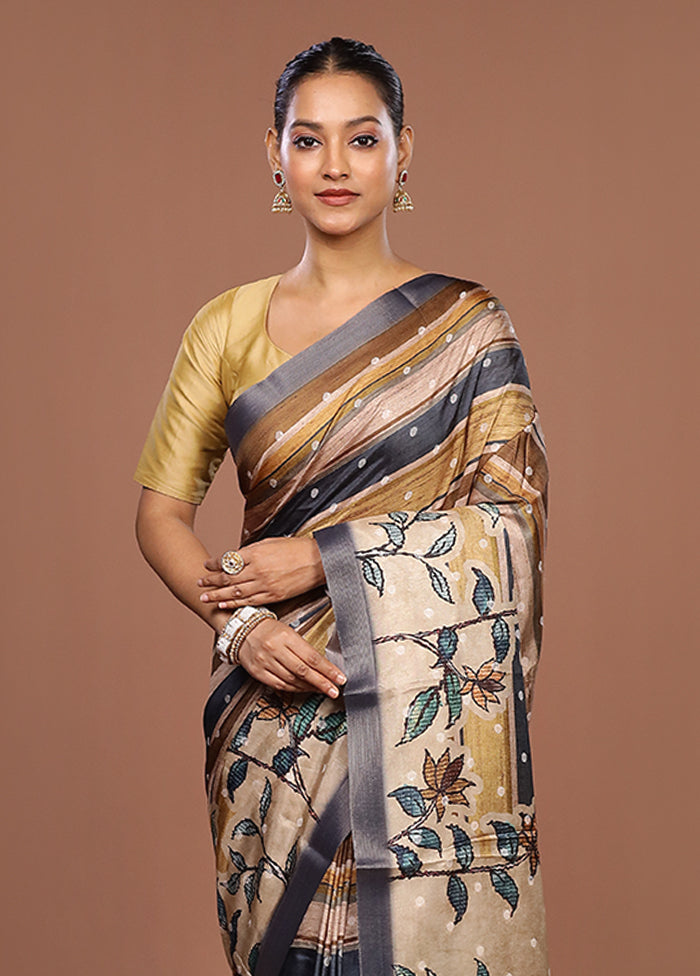 Cream Tussar Silk Saree With Blouse Piece