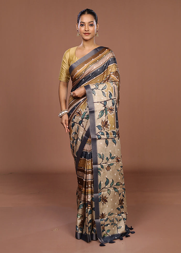 Cream Tussar Silk Saree With Blouse Piece