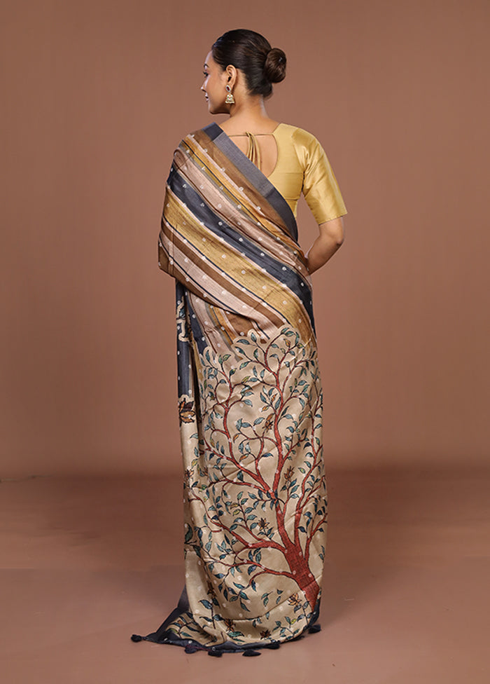 Cream Tussar Silk Saree With Blouse Piece