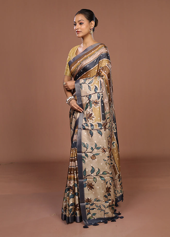 Cream Tussar Silk Saree With Blouse Piece