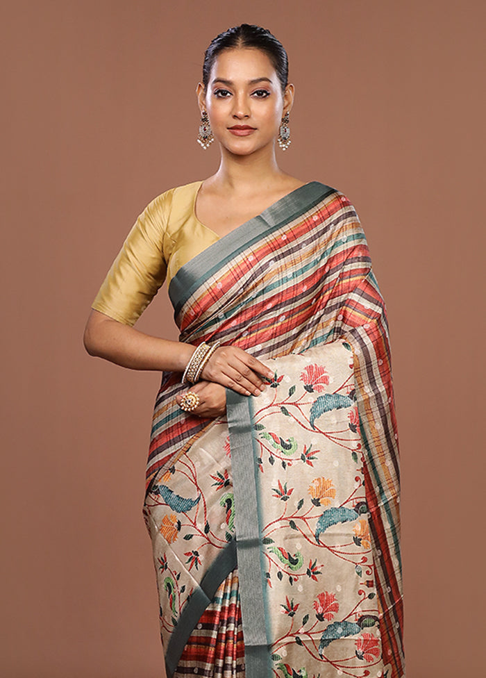 Cream Tussar Silk Saree With Blouse Piece