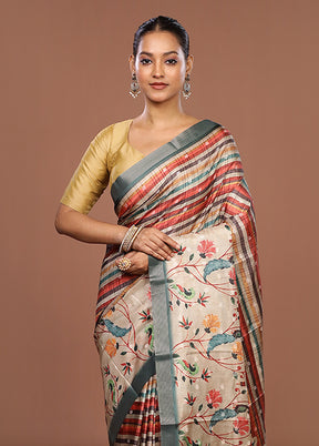 Cream Tussar Silk Saree With Blouse Piece