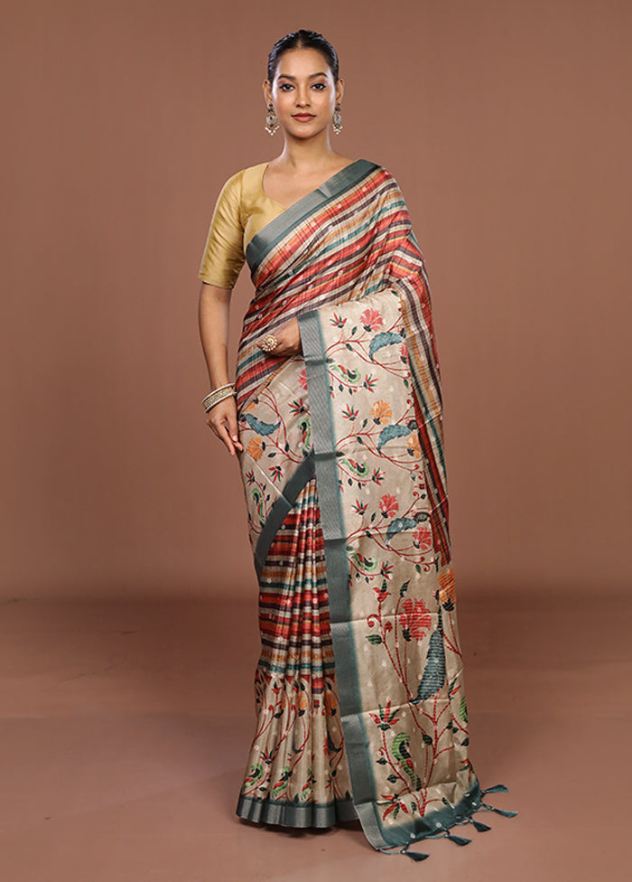 Cream Tussar Silk Saree With Blouse Piece