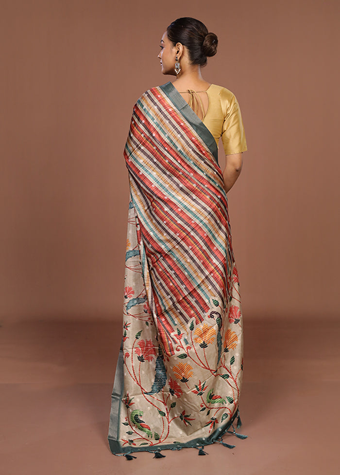 Cream Tussar Silk Saree With Blouse Piece