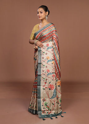 Cream Tussar Silk Saree With Blouse Piece