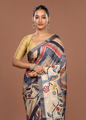 Cream Tussar Silk Saree With Blouse Piece