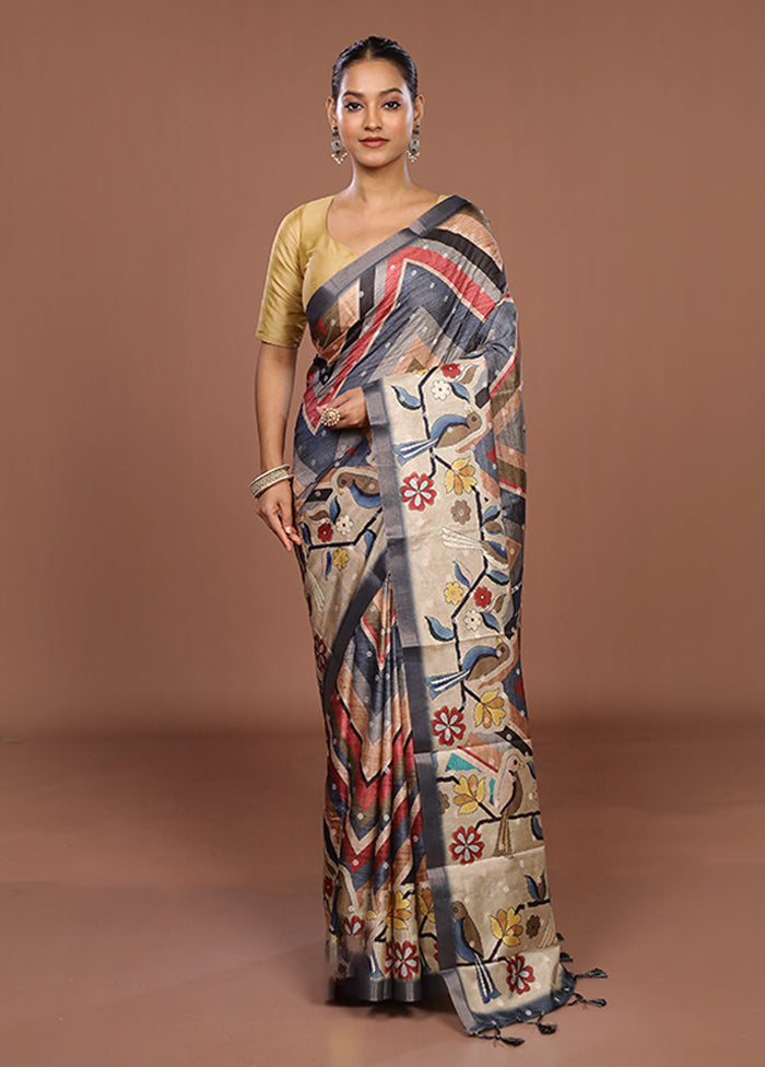 Cream Tussar Silk Saree With Blouse Piece