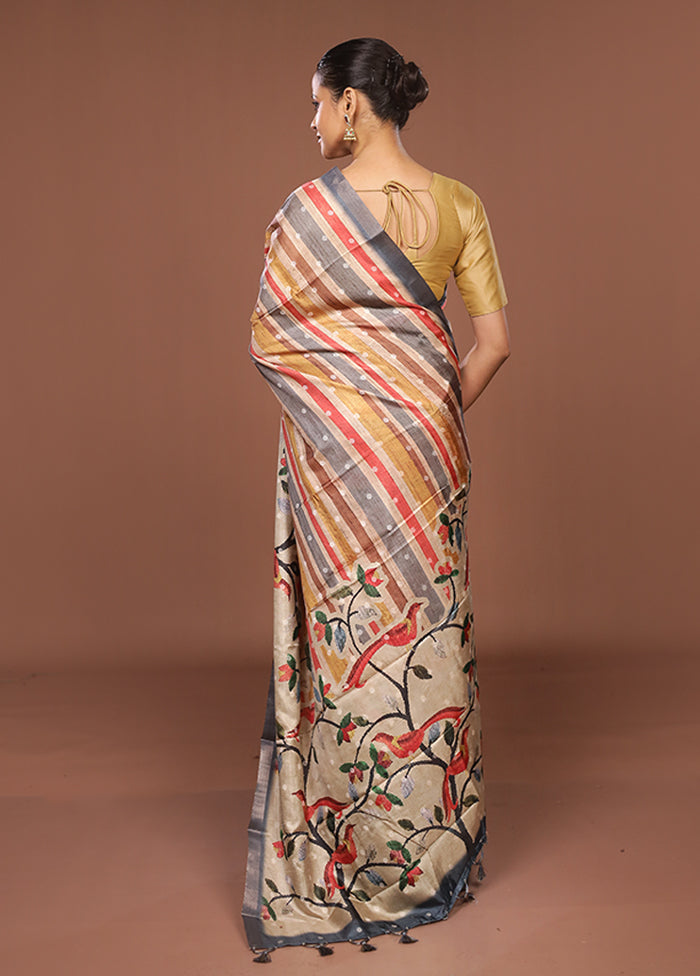 Multicolor Tussar Silk Saree With Blouse Piece