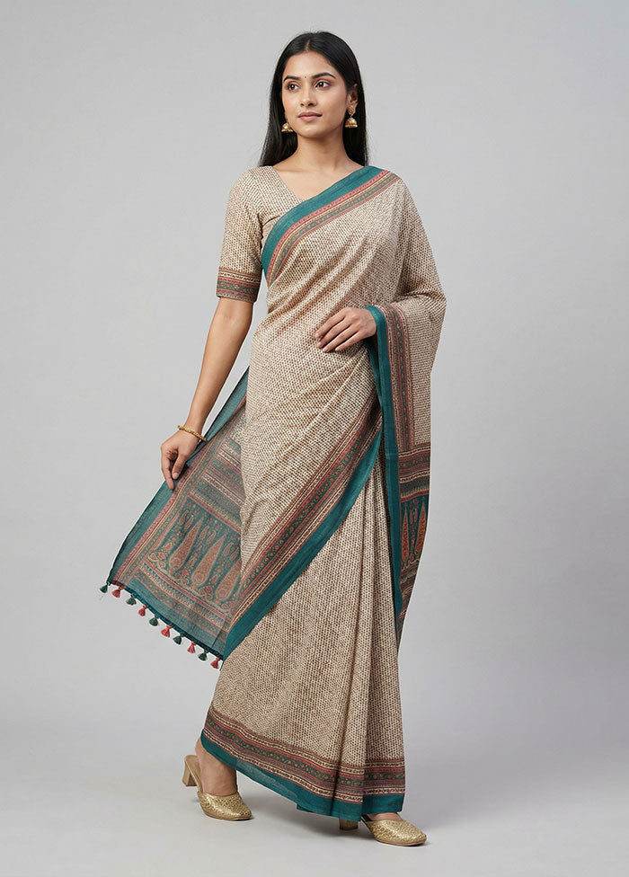 Cream Tussar Silk Saree With Blouse Piece