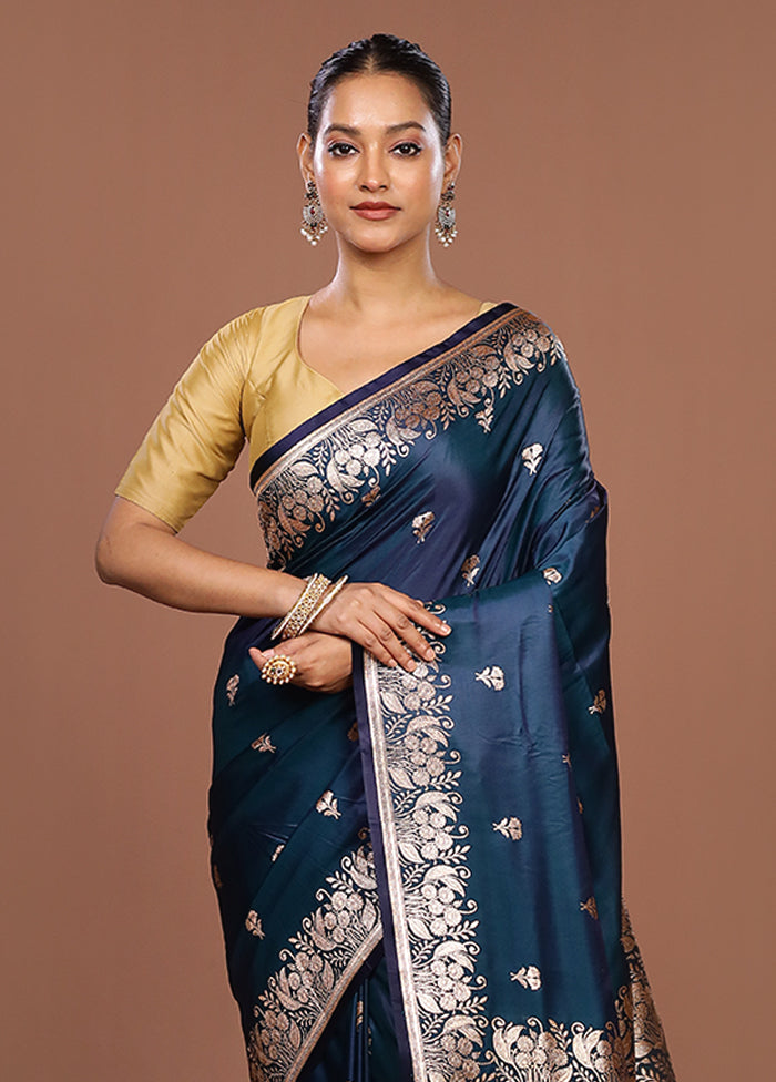 Blue Banarasi Silk Saree With Blouse Piece