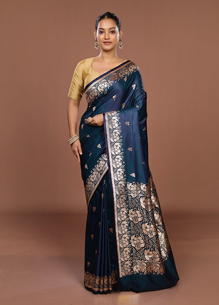 Blue Banarasi Silk Saree With Blouse Piece