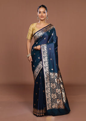 Blue Banarasi Silk Saree With Blouse Piece