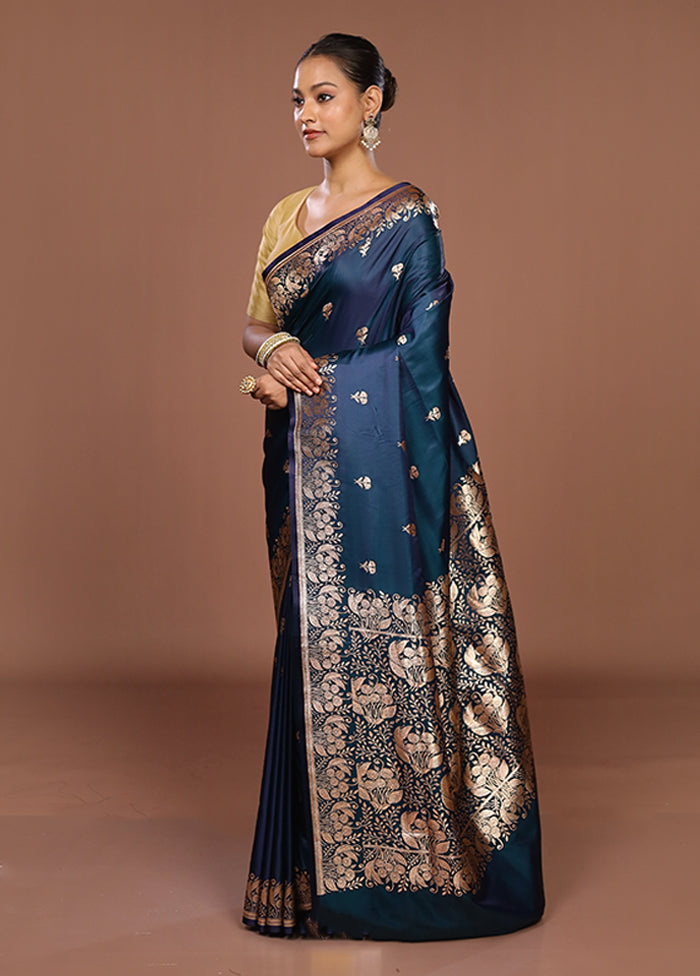 Blue Banarasi Silk Saree With Blouse Piece