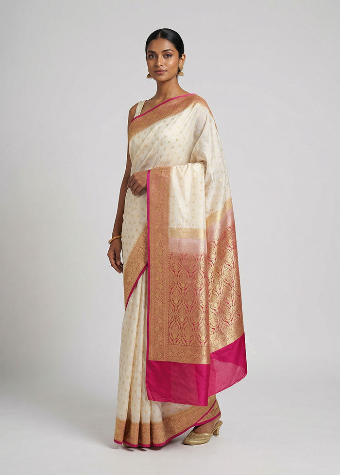 White Banarasi Silk Saree With Blouse Piece
