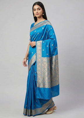 Blue Banarasi Silk Saree With Blouse Piece