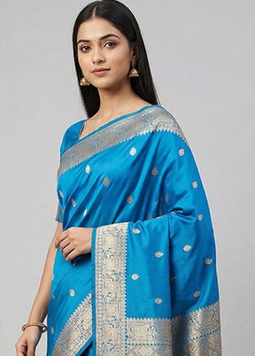 Blue Banarasi Silk Saree With Blouse Piece
