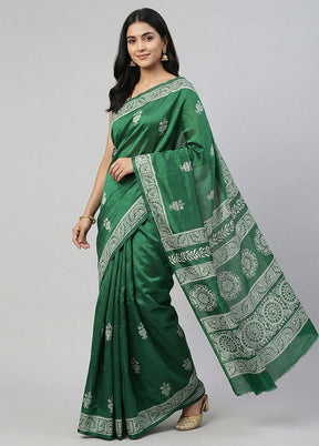 Green Printed Silk Saree Without Blouse Piece