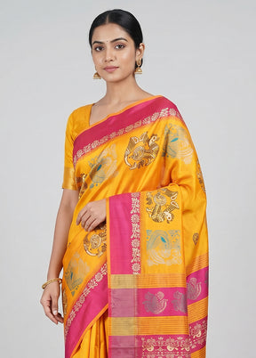 Yellow Printed Silk Saree Without Blouse Piece