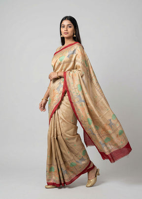 Cream Printed Pure Silk Saree Without Blouse Piece