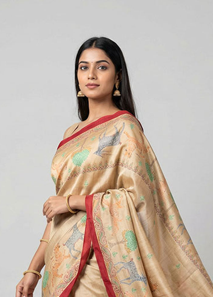 Cream Printed Pure Silk Saree Without Blouse Piece