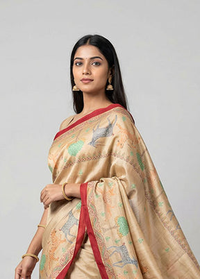 Cream Printed Pure Silk Saree Without Blouse Piece