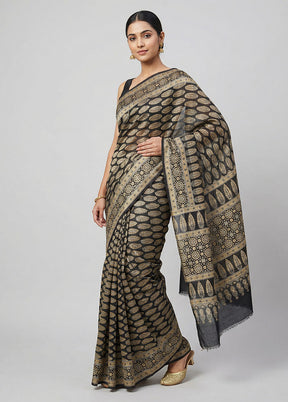 Black Printed Pure Silk Saree Without Blouse Piece