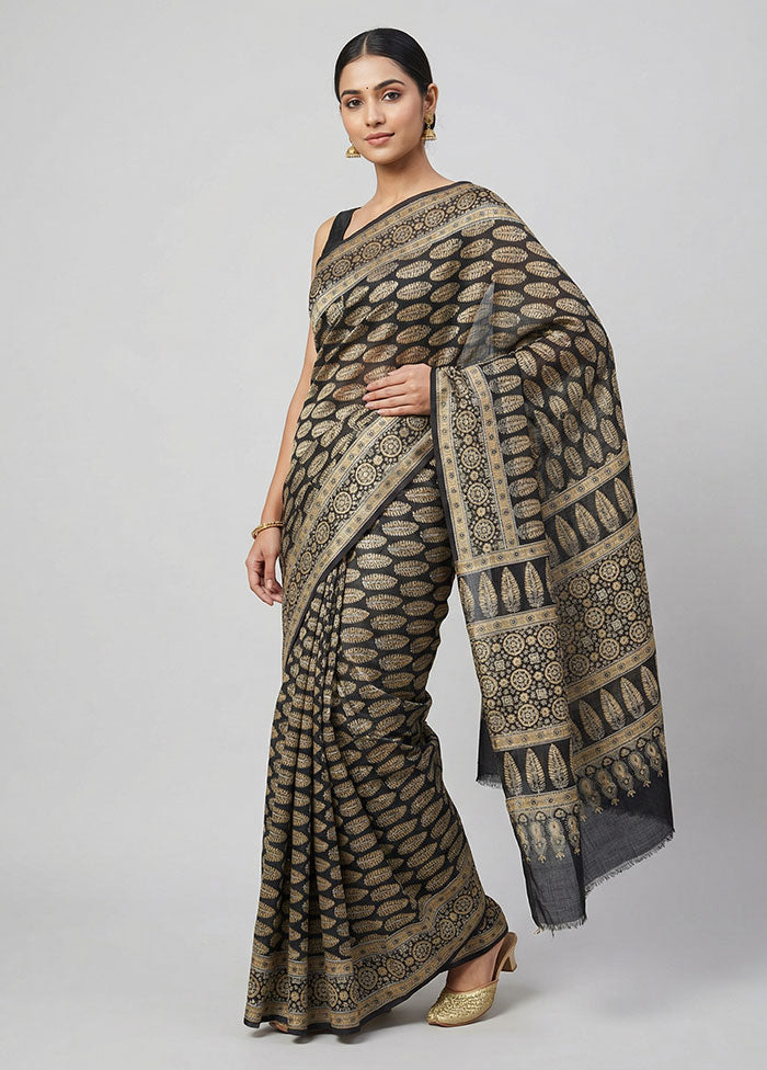 Black Printed Pure Silk Saree Without Blouse Piece