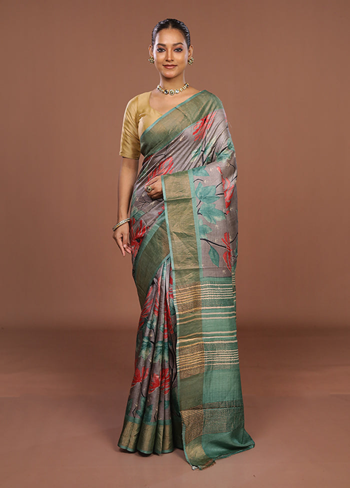 Grey Handloom Tussar Pure Silk Saree With Blouse Piece